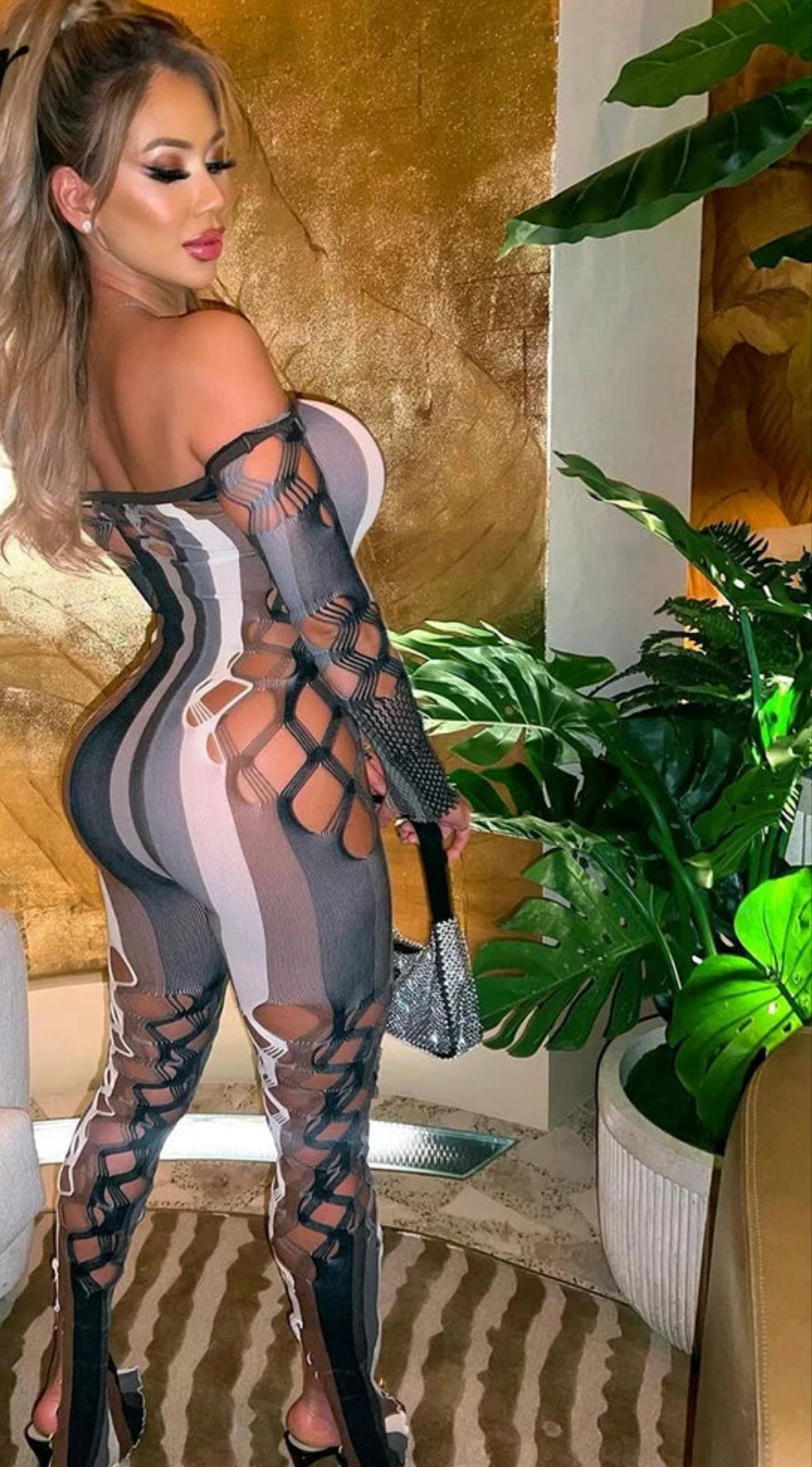 Off-the-Shoulder Colorblock Striped Fishnet Pattern Long Sleeve Women's Jumpsuit