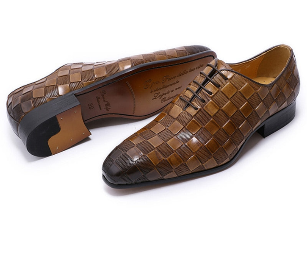 Men's Italian Leather Plaid Print Lace-Up Oxford Dress Shoes