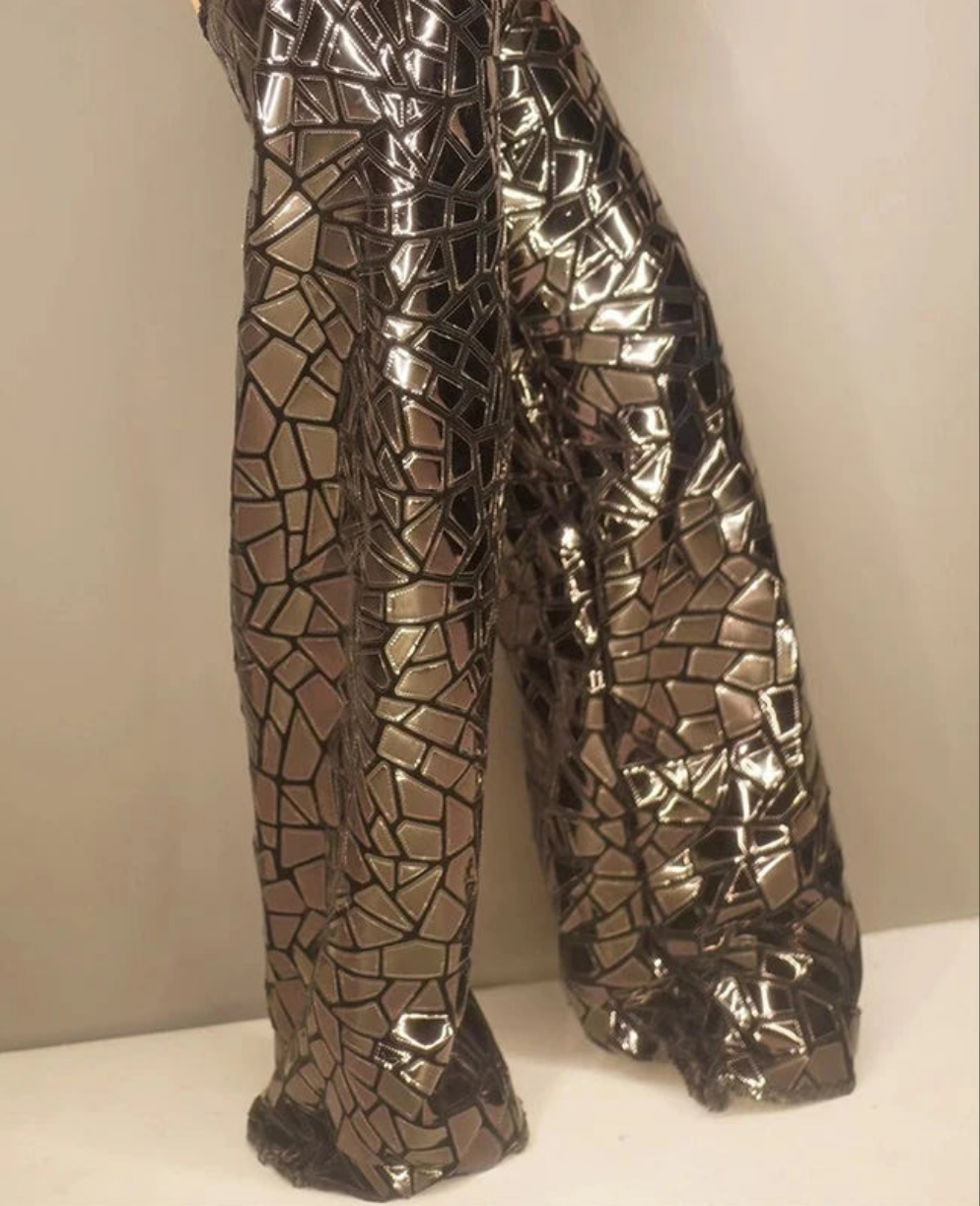 Faux Leather Metallic Geometric Mirror Sequin Hollow-Out Long Sleeve Crop Top + Cut-Out Back Design Wide Leg Pants Nightclub Party Stage Costume