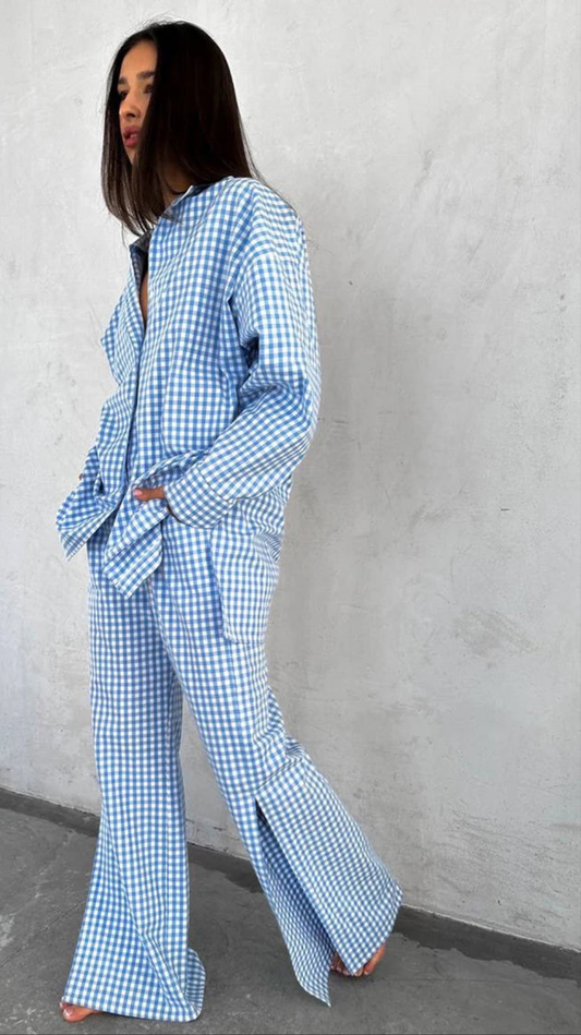 Streetwear Plaid Checker Print Long Sleeve Women's Blouse + High Waist Wide Pants 2-Piece Set