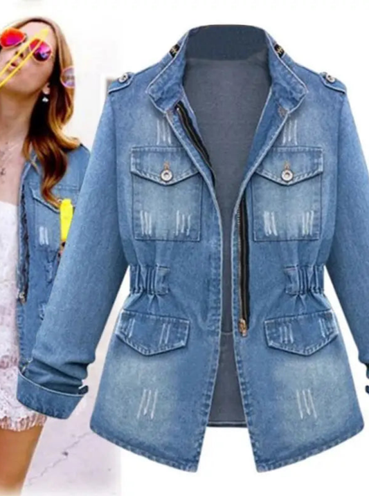 Denim Colorblock Women's Long Sleeve Distressed Jean Jacket to 5X Plus Size
