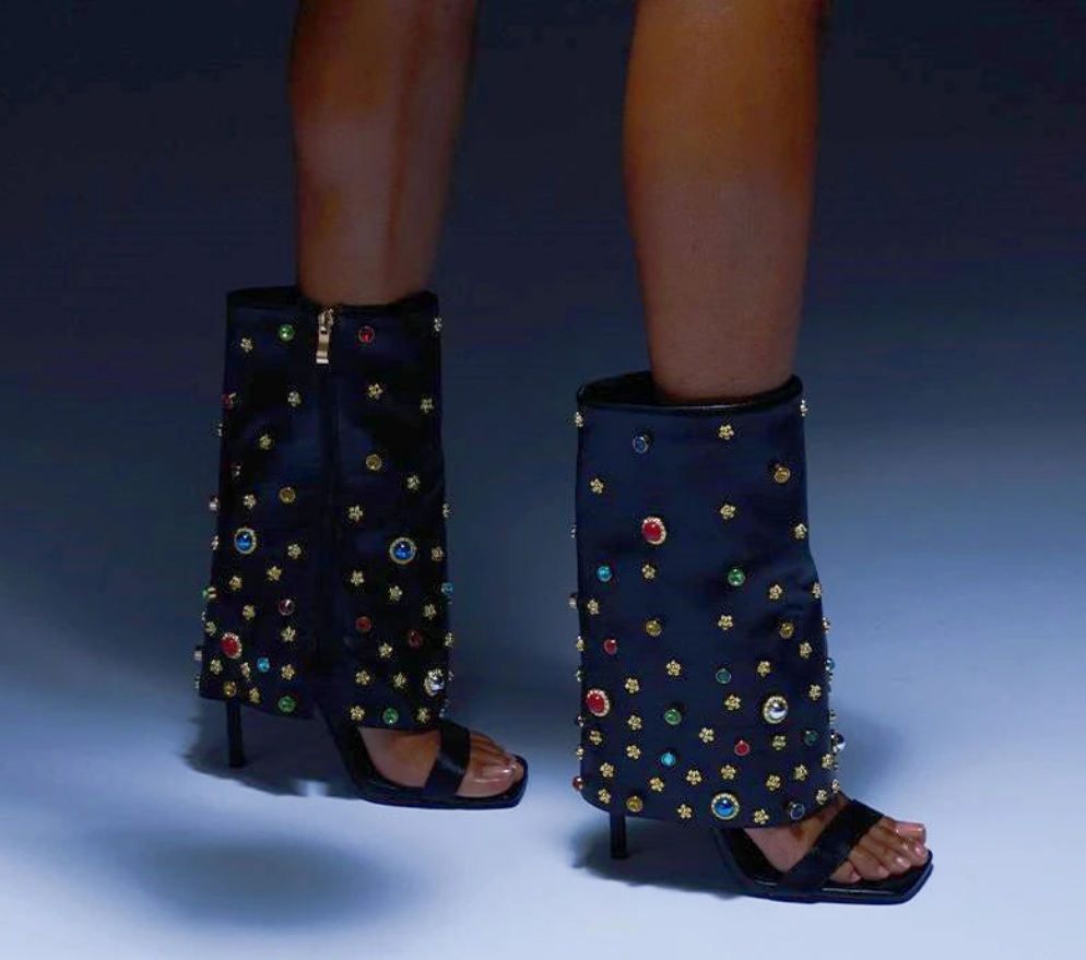 Rainbow Color Rhinestone Crystal Star Embellished Square Open Toe Women's Stiletto Heel Gladiator Sandal Zipper Ankle Boots