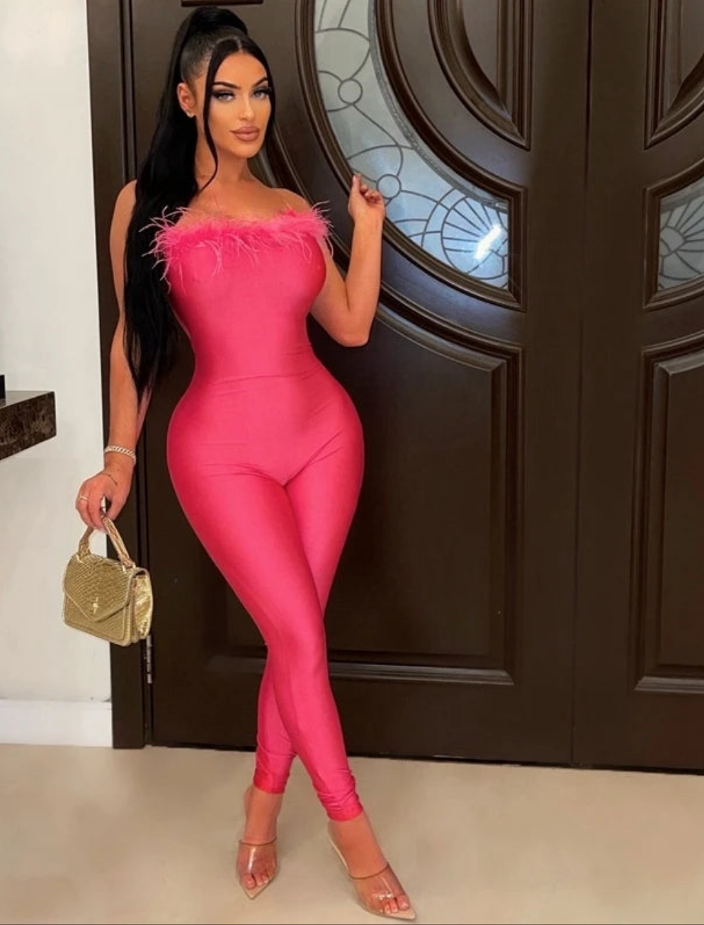 Feather Trim Solid Color Sleeveless Bodycon Bandage Tube Skinny Women's Jumpsuit