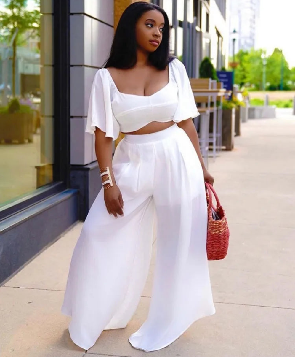 Solid Color Short Sleeve Deep V-Neck Crop Top + Wide Leg Elastic Waist Leggings 2-Piece Set to 3X Plus Size