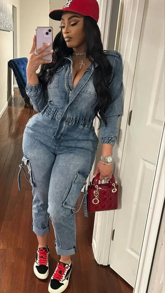 Washed Denim Streetwear Distressed Women's Pocketed Patchwork Zipper Jean Stretch Overall Cargo Jumpsuit