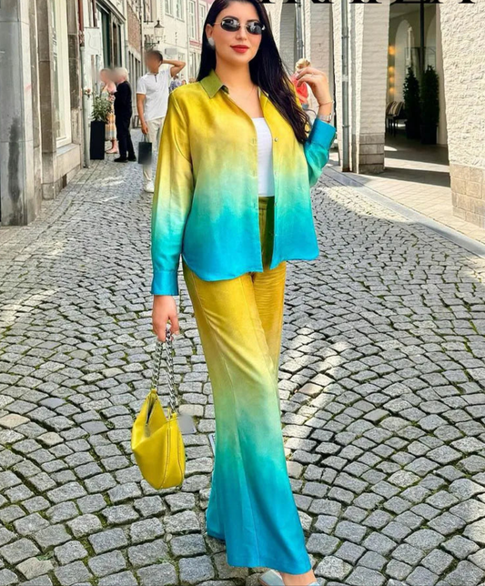 Colorblock Gradient Turn-Down Collar Women's Blouse + Wide Leg Pants 2-Piece Set