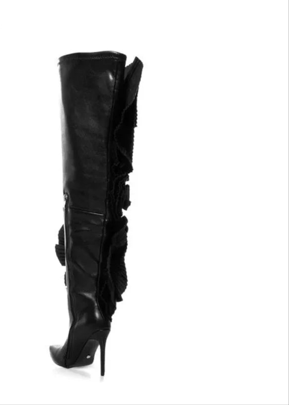 Pleated Real Leather Flower Embellishment Over- The-Knee Pointed Toe Thigh High Boots