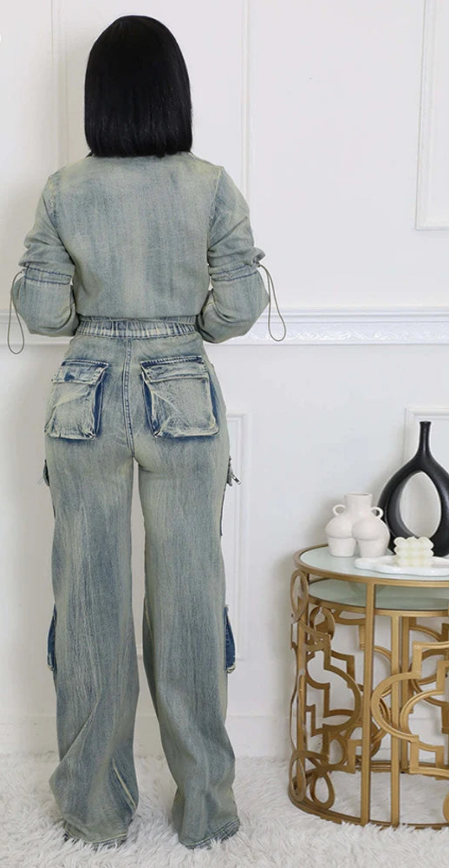 Stretch Denim Cropped Long Sleeve Strap Design Skinny Jean Jacket + Streetwear Cargo Pocket Jeans 2-Piece Set