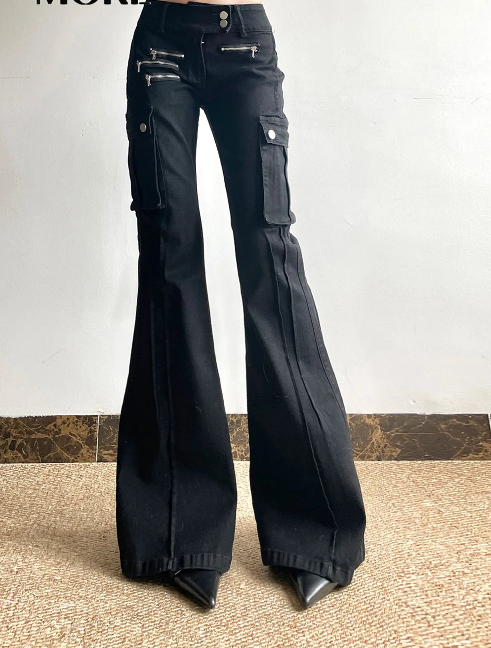 Black Women's Metal Zipper Decoration Low-Waist Aesthetic Streetwear Flared Leg Bootcut Skinny Jeans