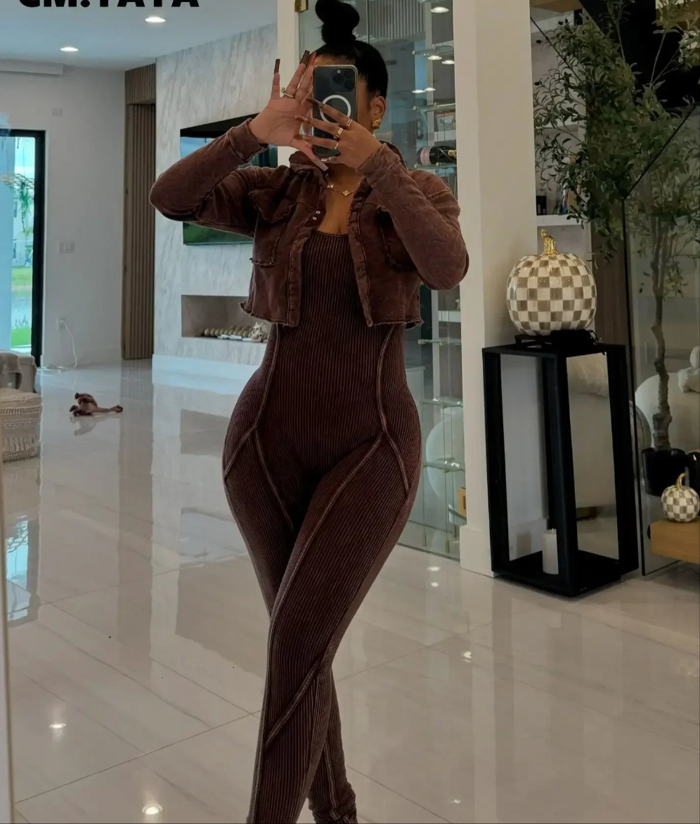 Washed Knitted Long Sleeve Cropped Cargo Pocket Turn-Down Collar Faux Denim Jacket + Jumpsuit Women's Tracksuit