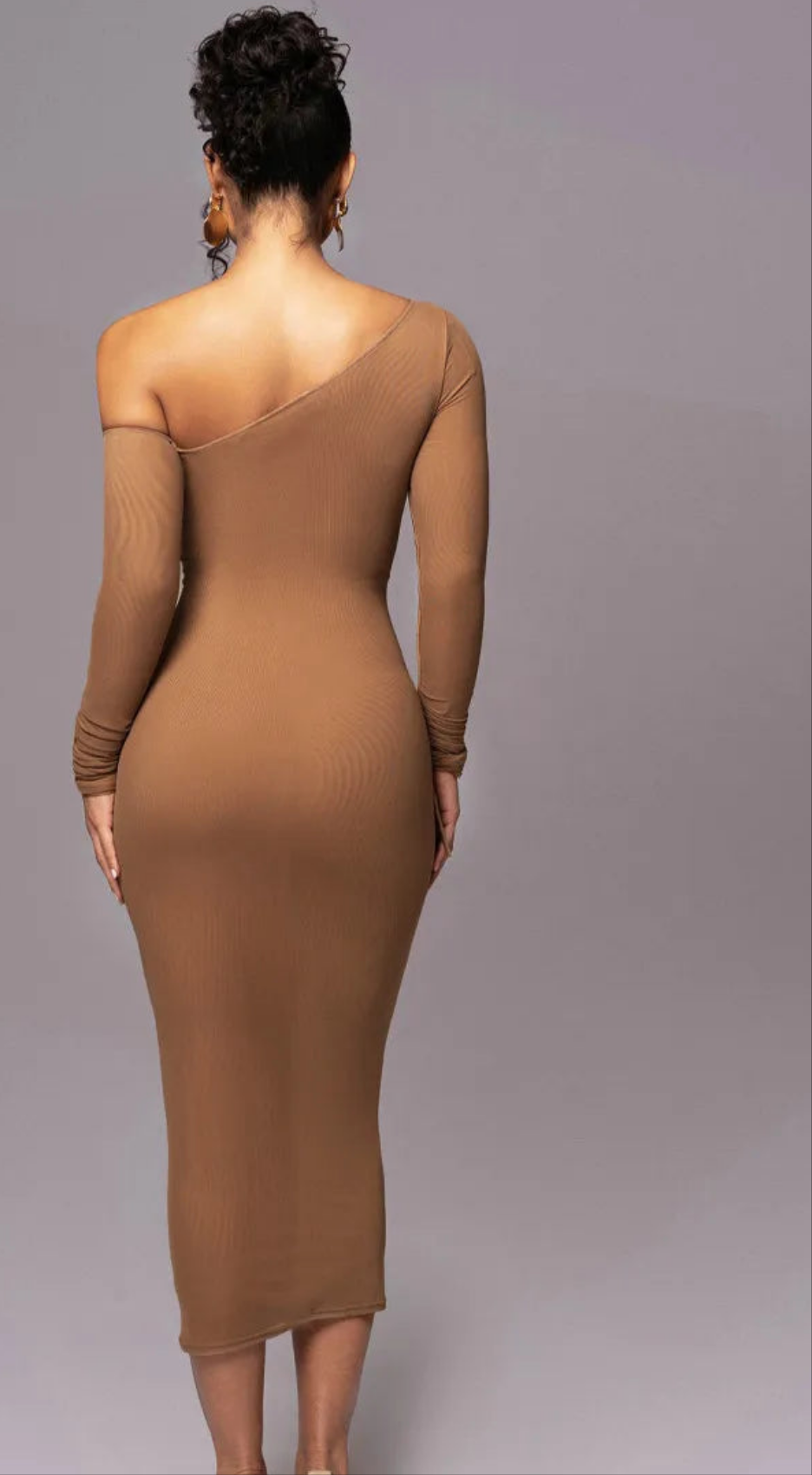 Transparent Mesh Sheer Solid Diagonal Collar Long Sleeve Draped Bodycon Maxi Dress