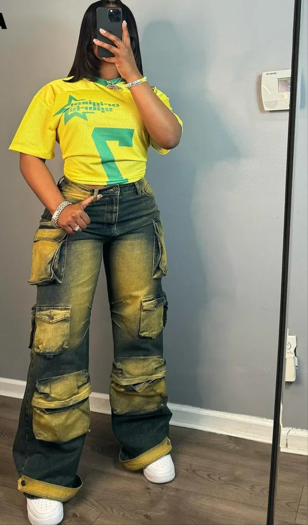 Washed Denim Blue/Yellow Pocketed Women's Streetwear Wide Leg Cargo Jeans