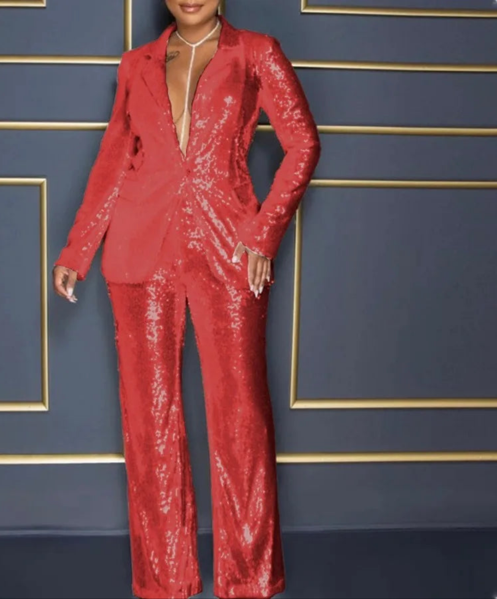 Sequined Sparkling Long Sleeve Blazer + High Waist Wide Leg Pants Women's Formal Party Suit