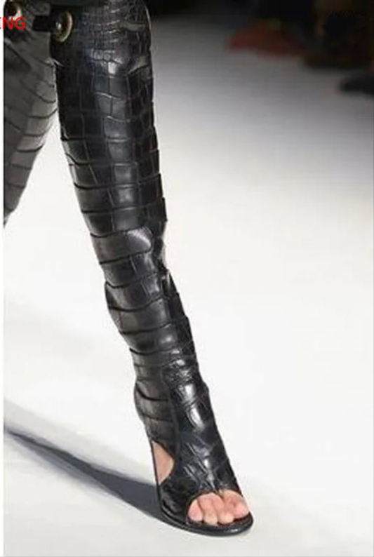 Crocodile Pattern Open Toe Lace-Up Back Cut-Out Gladiator Over-The-Knee Sandal Boots