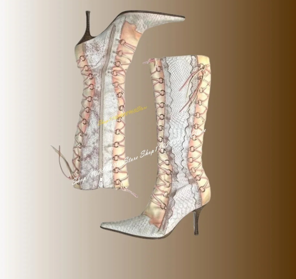 Snake Print Lace-Up Stiletto Heel Women's Side Zipper Pointed Toe Boots