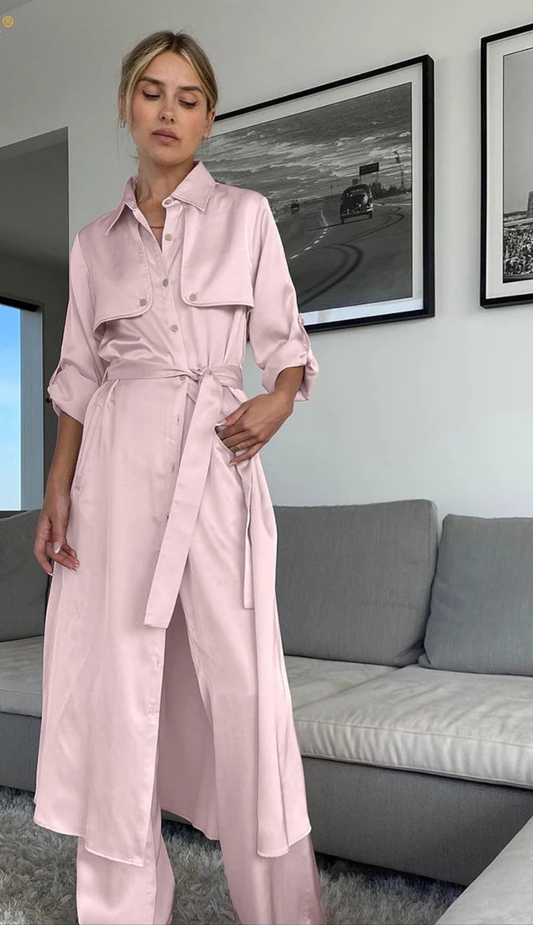 Satin Soft Pink Cargo Pocketed Women's Turn-Down Collar Maxi Sash Belted Blouse + Loose Pants 2-Piece Set