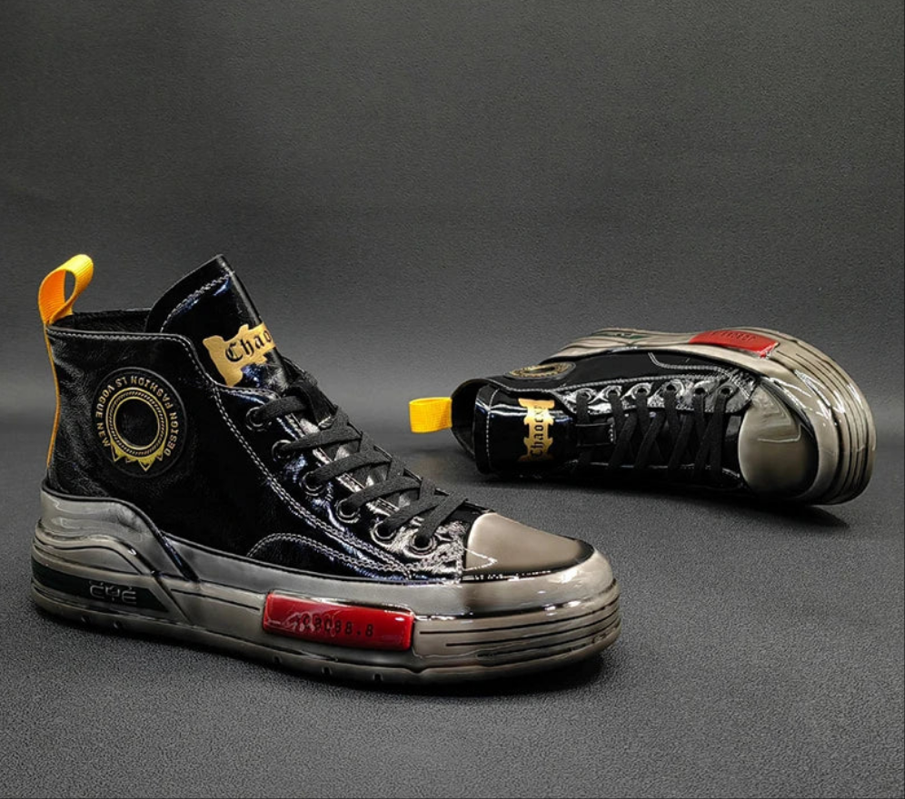 Men's Metallic Genuine Leather Rubber Sole Lace-Up Hightop Skater Sneakers