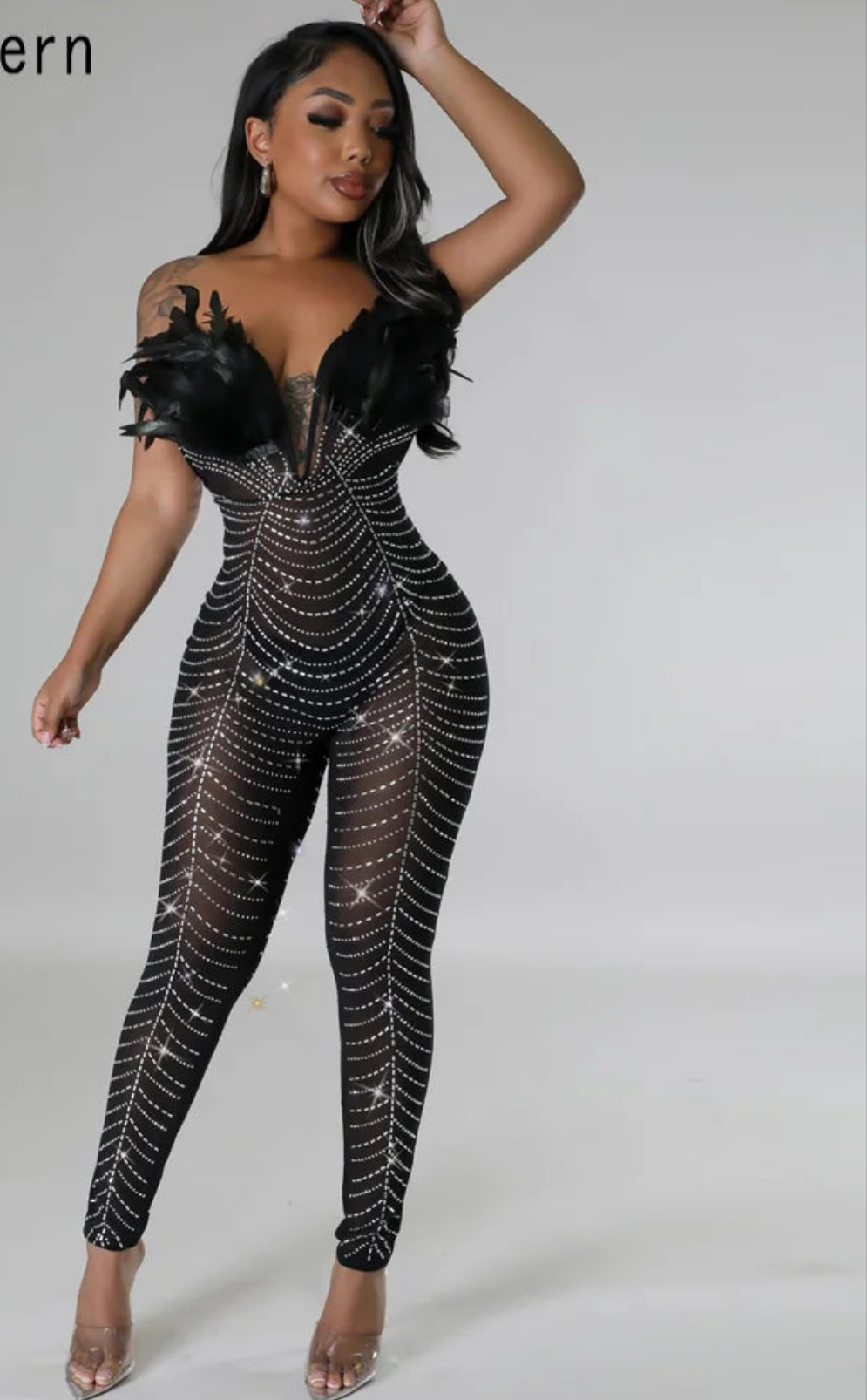 Sparkling Rhinestone Feather Detail Off-the-Shoulder Sheer Mesh Formal Women's Jumpsuit