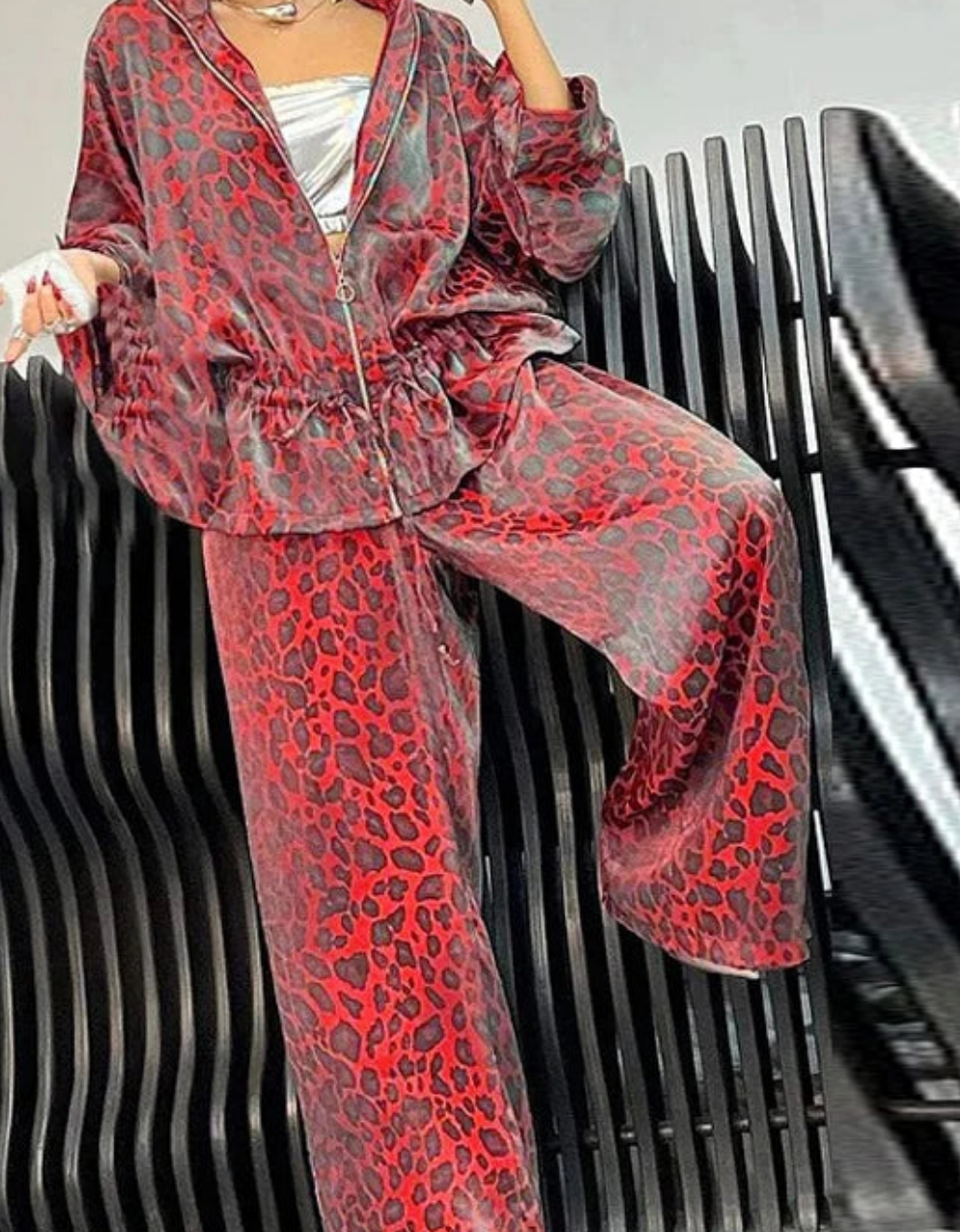 Faded Leopard Print Ruched Pleated Zipper Hoodie Sweatshirt Jacket + Loose Pants Women's Tracksuit