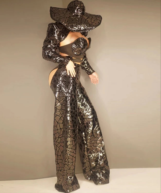 Faux Leather Metallic Geometric Mirror Sequin Hollow-Out Long Sleeve Crop Top + Cut-Out Back Design Wide Leg Pants Nightclub Party Stage Costume