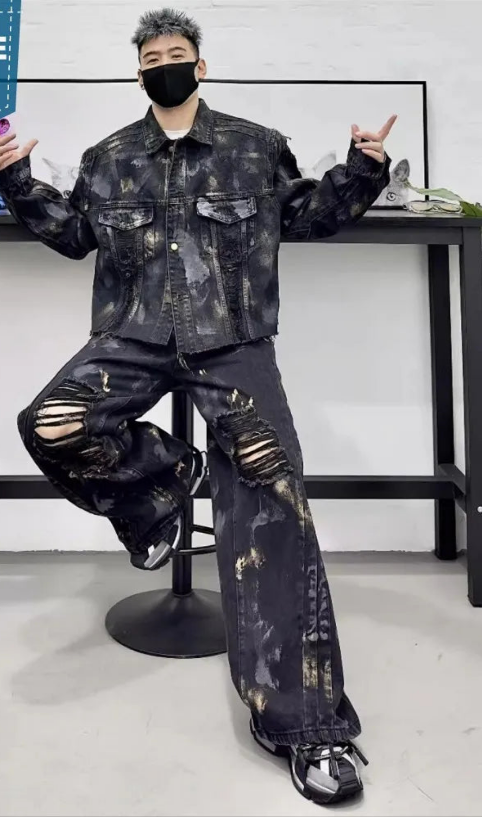 Black Tie-Dye Colorblock Streetwear Hip-Hop Men's Denim Jean Jacket + Ripped Wide Leg Jeans 2-Piece Set