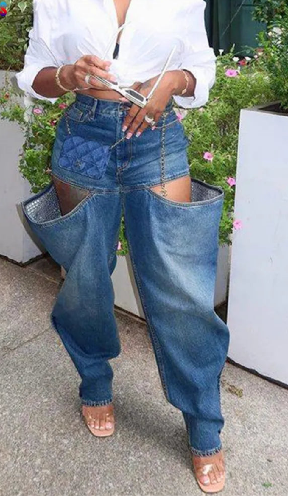 Denim Hollow-Out Attached Shorts Design Women's Demin High Waist Pocketed Cargo Jeans