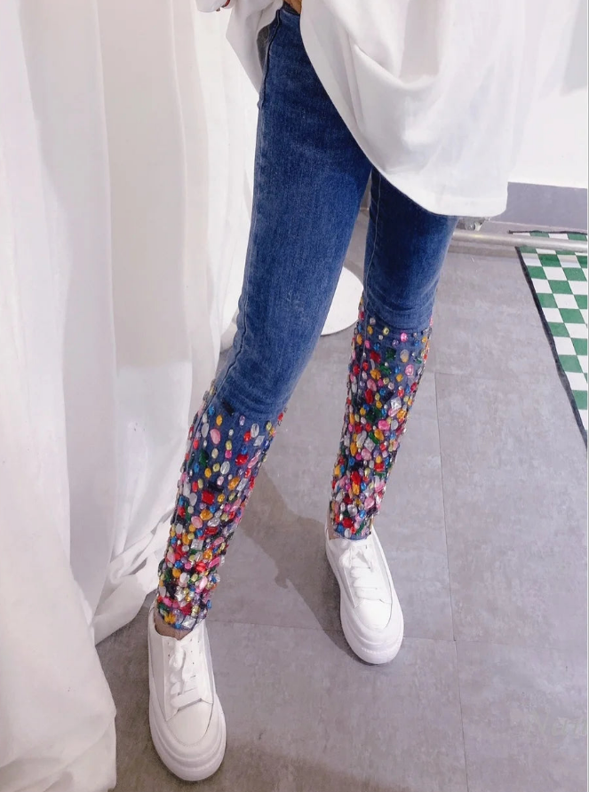 Denim Rainbow Rhinestone Gem Embellished Women's Skinny Jeans