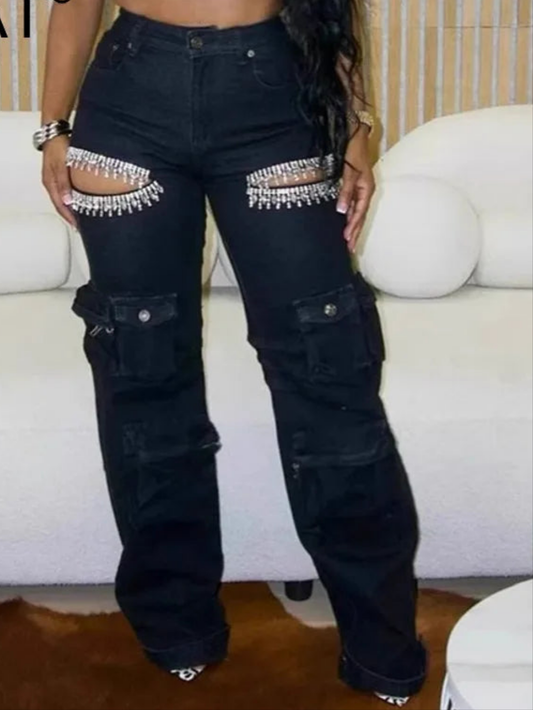 Denim Rhinestone Tassel Fringe Hollow-Out Design High Waist Women's Skinny Cargo Jeans