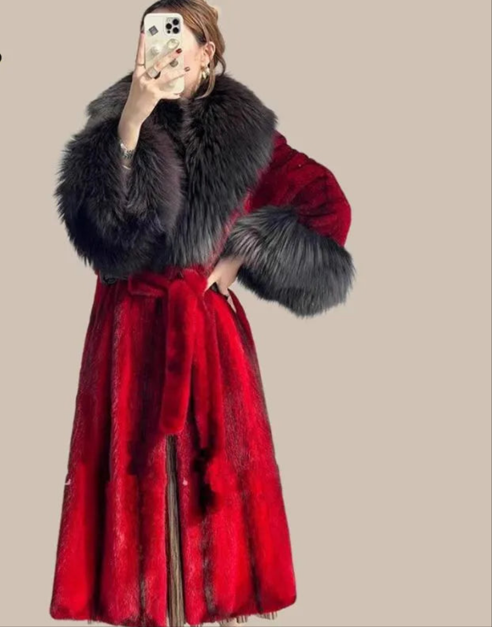 Oversized Faux Fur Collar Design Women's Adjustable Waist Trenchcoat