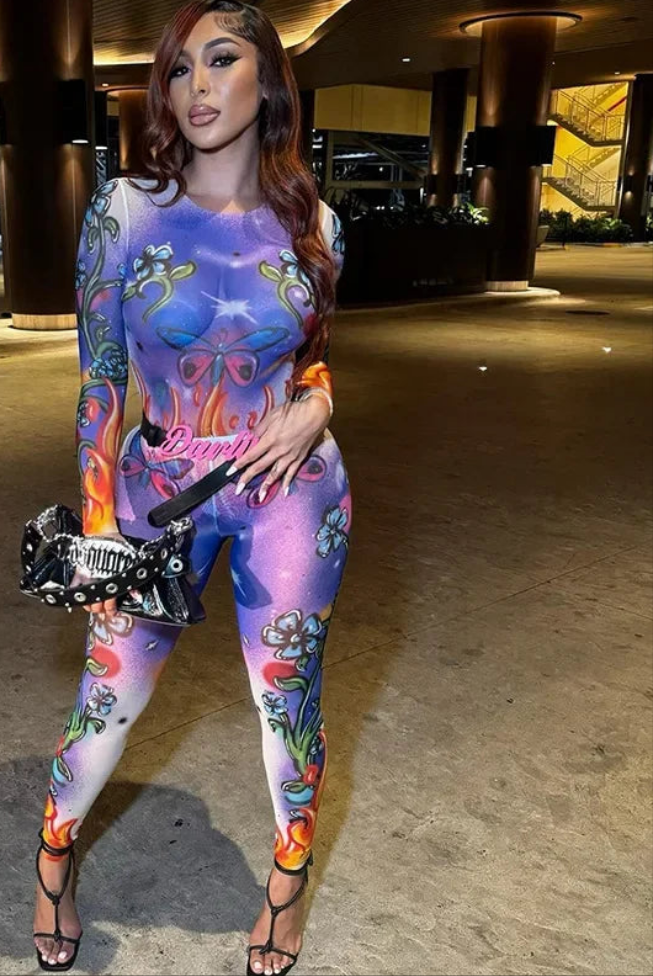 Purple Sheer Skin Tight Transparent Mesh Butterfly Flower Print Women's + Leggings 2-Piece Set