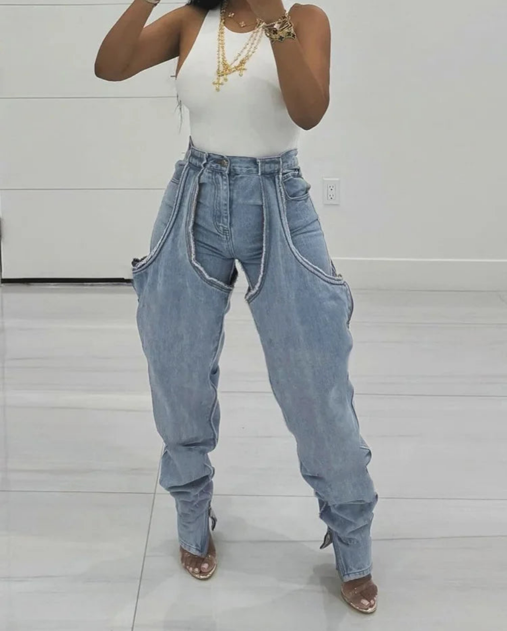 Ripped Denim Women's Hollow-Out Hipster High-Waist Cargo Pocketed Skinny Jeans