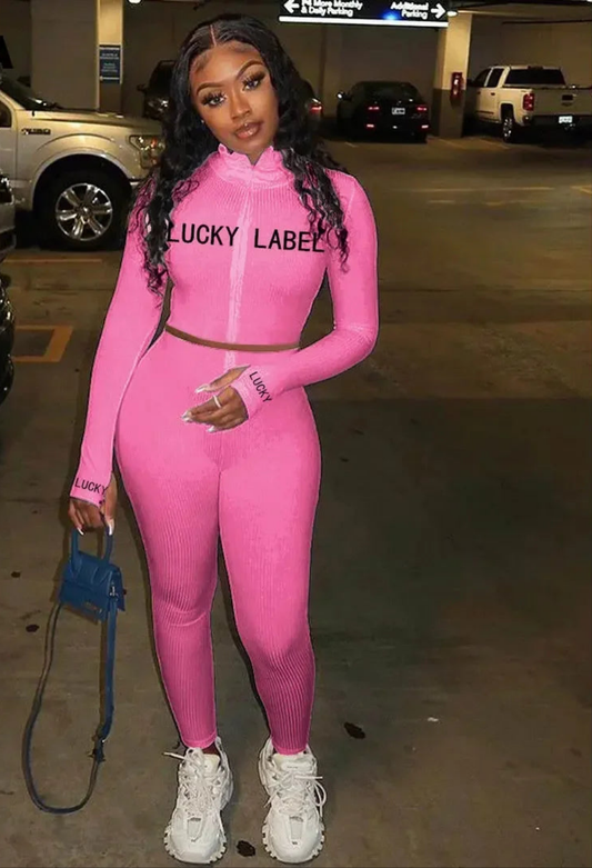 "Lucky Label" Embroidered Knitted Women's Long Sleeve Zipper Crop Top + Leggings Tracksuit to 3X Plus Size