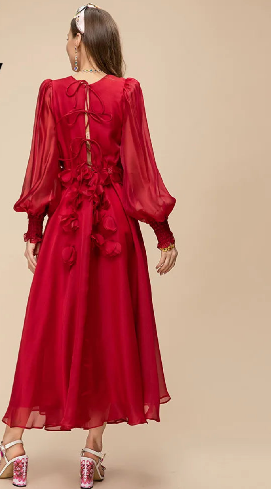 Red Chiffon Rose Flower Sash Design V-Neck High Waist Long Puff Sleeve Formal Maxi Party Dress