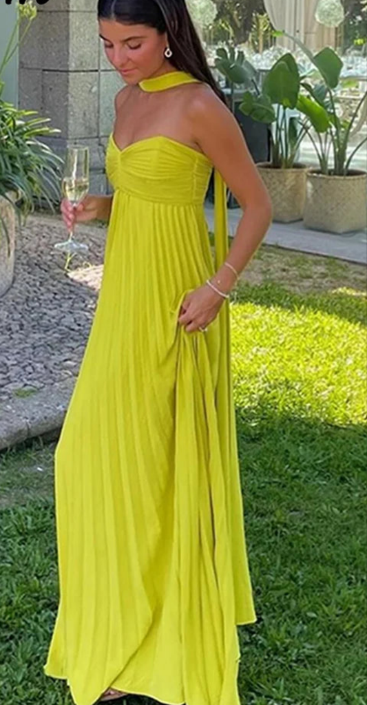 Yellow Strapless Ribbon Sweep Train Design Sleeveless Backless Pleated Party/Prom Formal Tube Dress