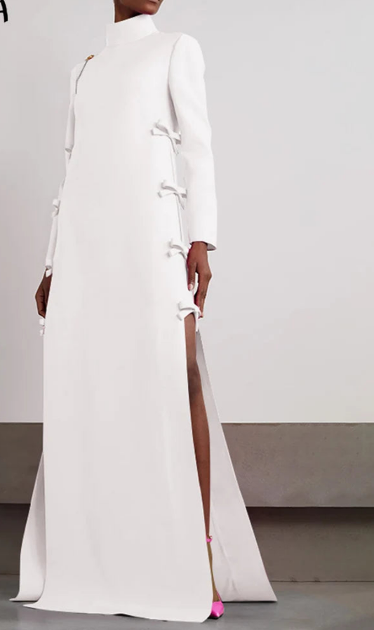 Vintage Bowknot Design Stand Collar Long Sleeve High Slit Sundress Solid Color Maxi Dress to 3X Plus Size