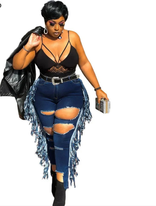 Denim Hole Ripped Pattern Hollow-Out Side Tassel Design Women's Streetwear Jeans to 5X Plus Size