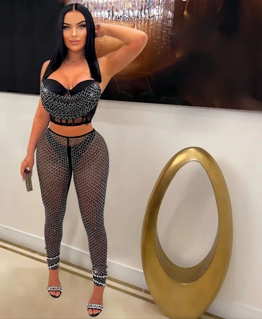 Metallic Rhinestone Mesh Women's Crop Bra + Transparent Sheer Leggings 2-Piece Set