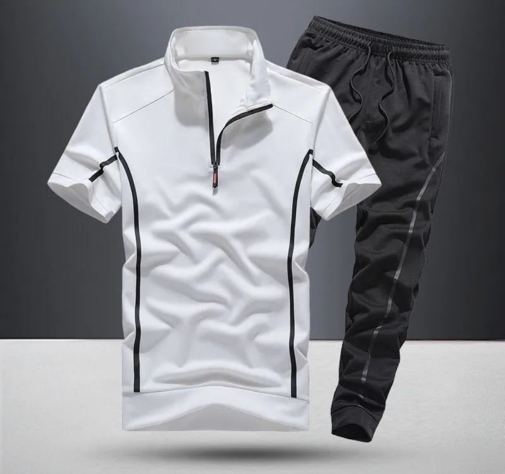 Men's Side Striped Short Sleeve Zipper Polo Shirt + Jogger Sweatpants 2-Piece Set