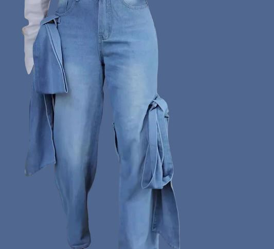 Irregular Denim Oversized Rose Bowknot Design Women's Streetwear Zipper Fly Wide Leg Jeans