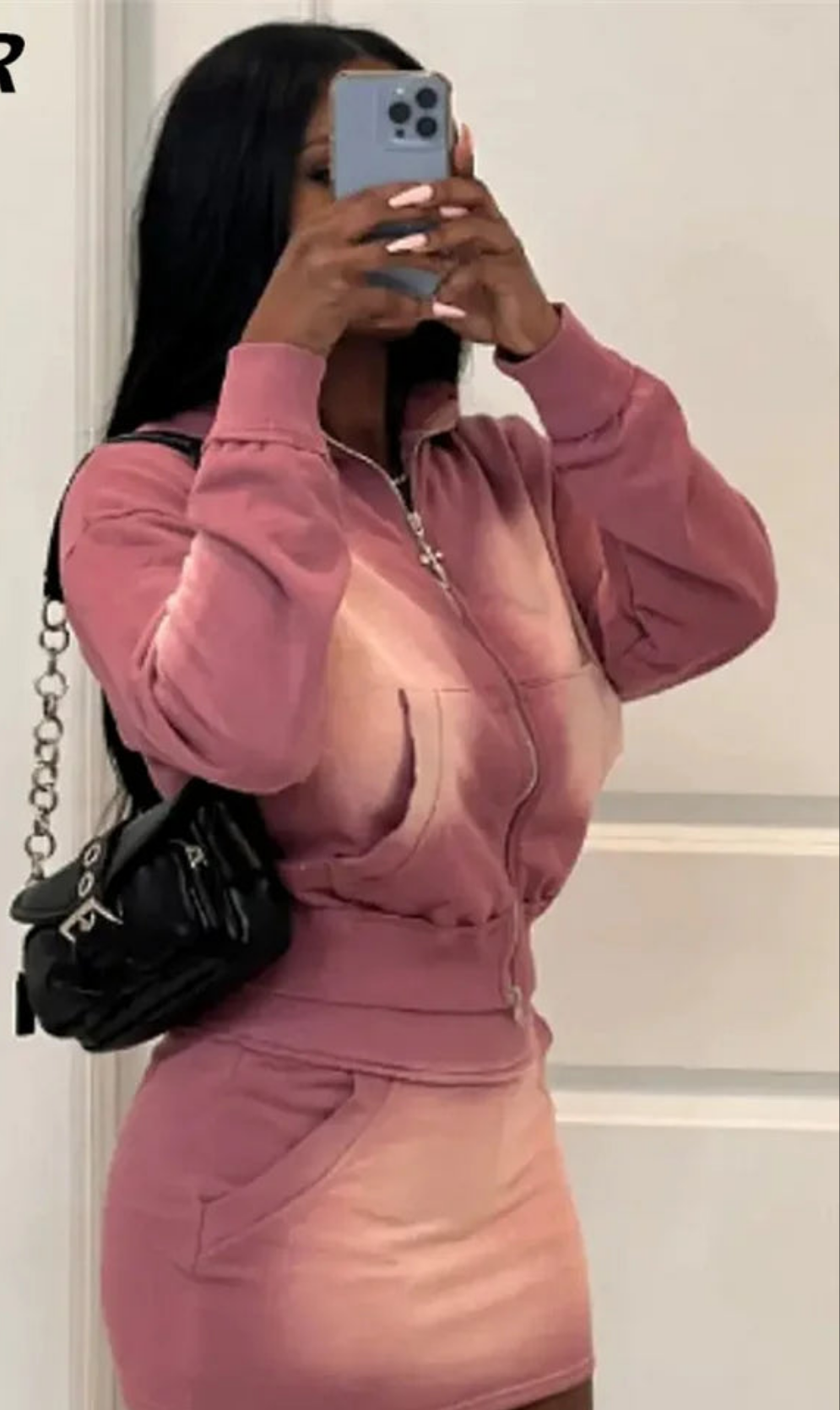 Tie-Dye Colorblock Gradient Women's Pocketed Long Sleeve Crop Zipper Jacket + Mini Skirt 2-Piece Set