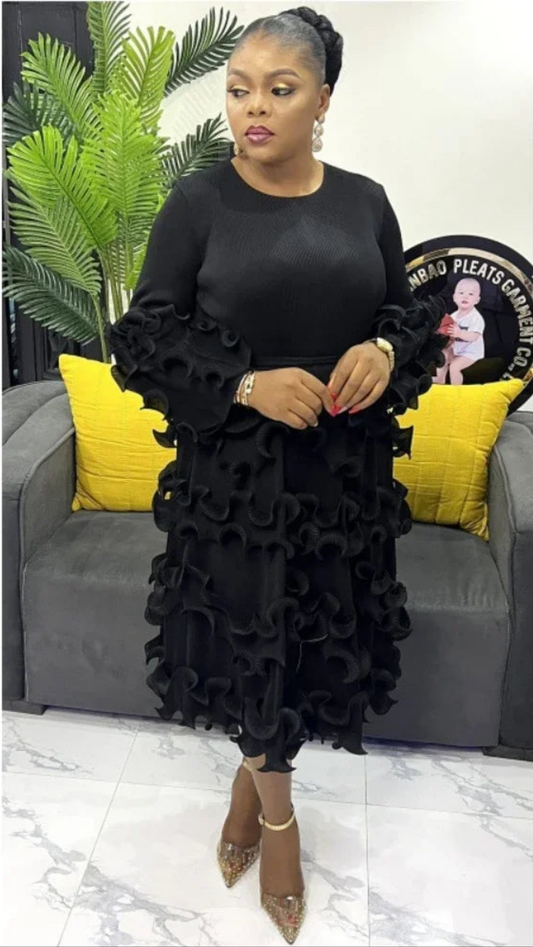 Ruffled Tiered Pleated Round Neck Long Sleeve Spliced Solid Color Formal Party Dress