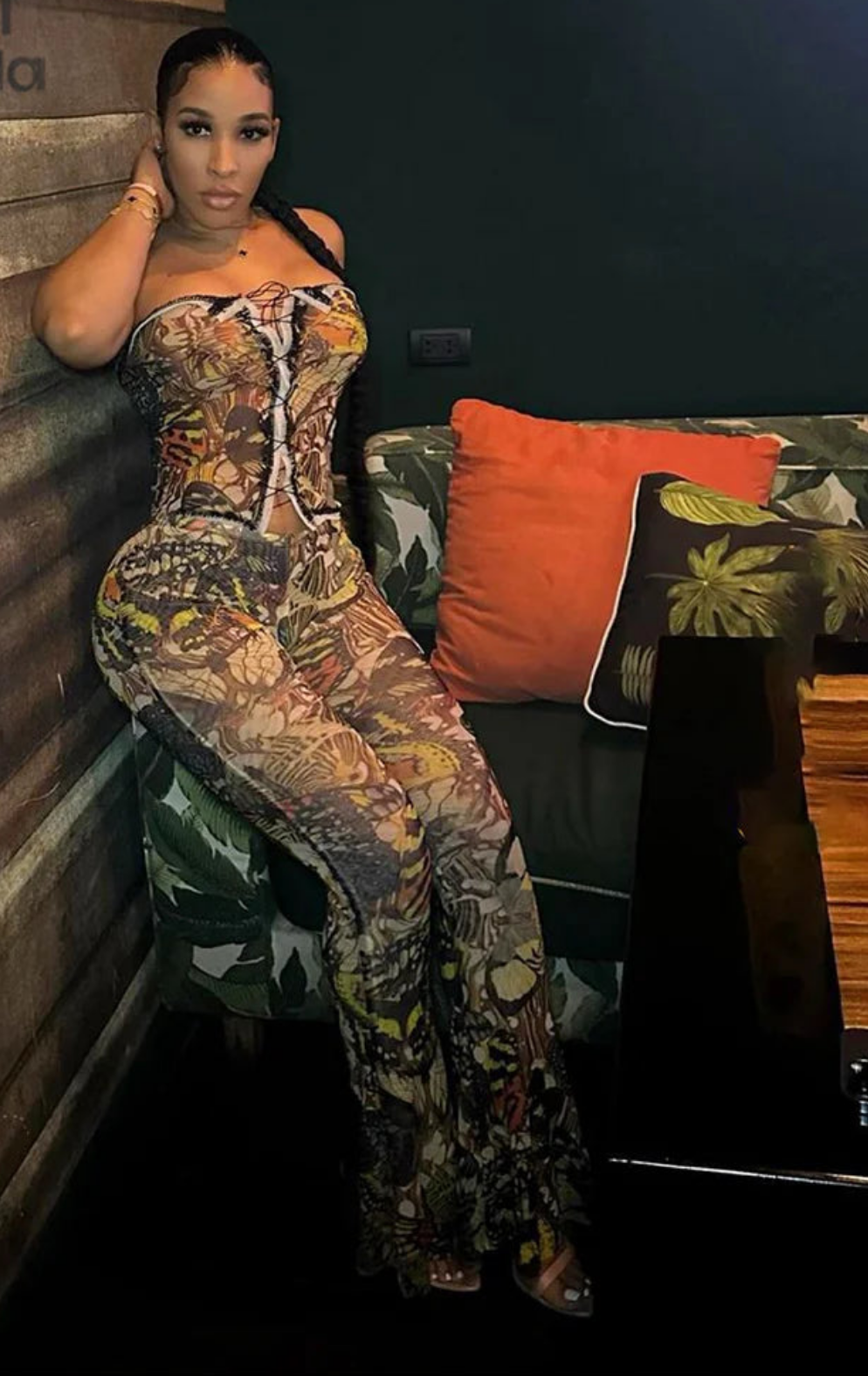 Streetwear Aesthetic Floral Butterfly Print Sleeveless Women's Lace-Up Tropical Print Tube Crop Top + Leggings 2-Piece Set