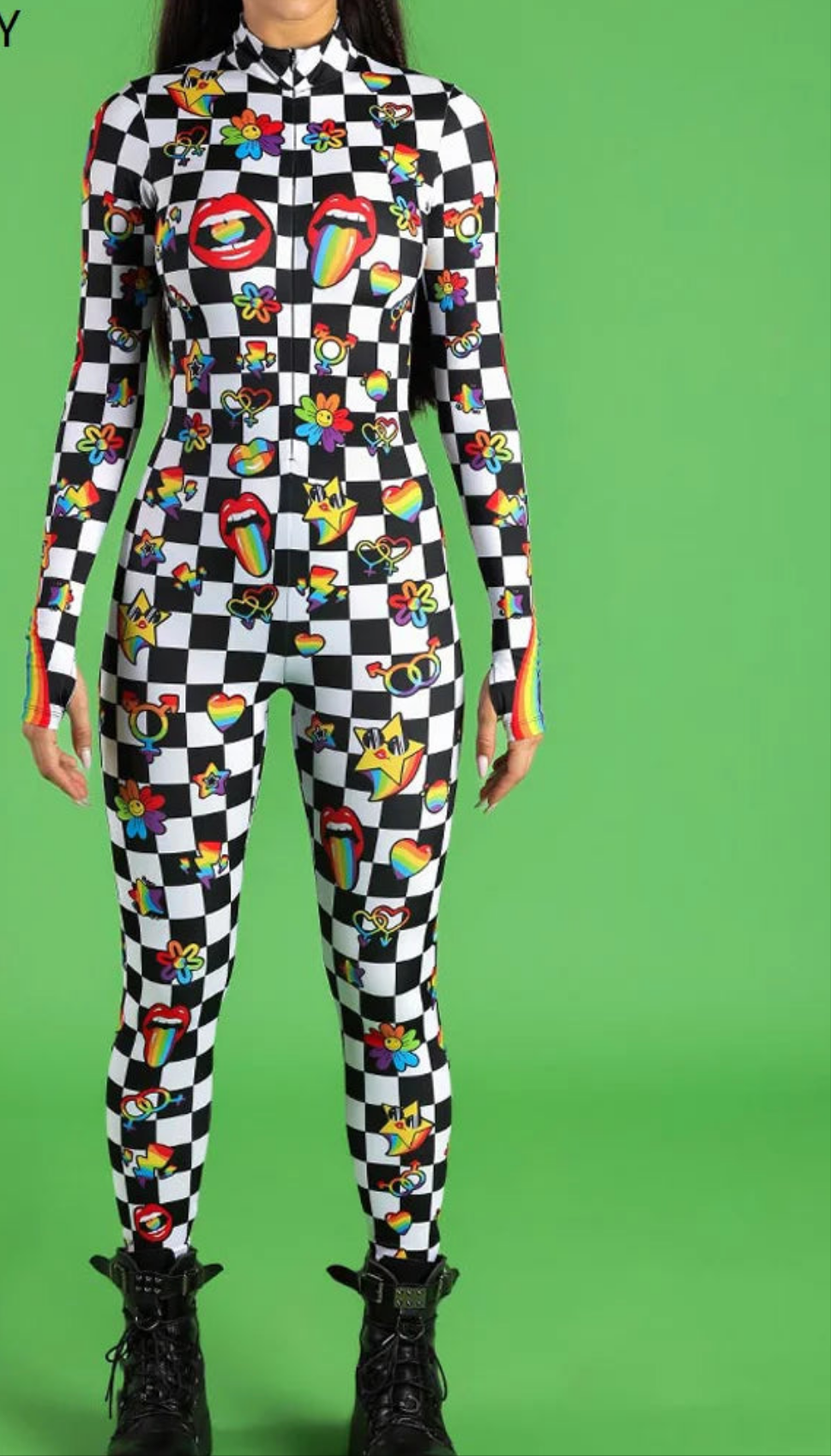 Abstract Art/Checkered Plaid/Geometric Skin Tight Long Sleeve Women's Jumpsuit