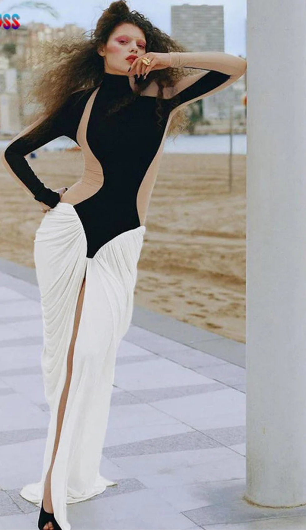 Colorblock Contrast Ruched Patchwork Turtleneck Long Sleeve Pleated High Slit Hem Stretch Streetwear Maxi Bodycon Dress