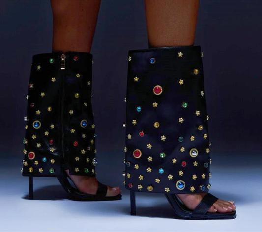 Rainbow Color Rhinestone Crystal Star Embellished Square Open Toe Women's Stiletto Heel Gladiator Sandal Zipper Ankle Boots