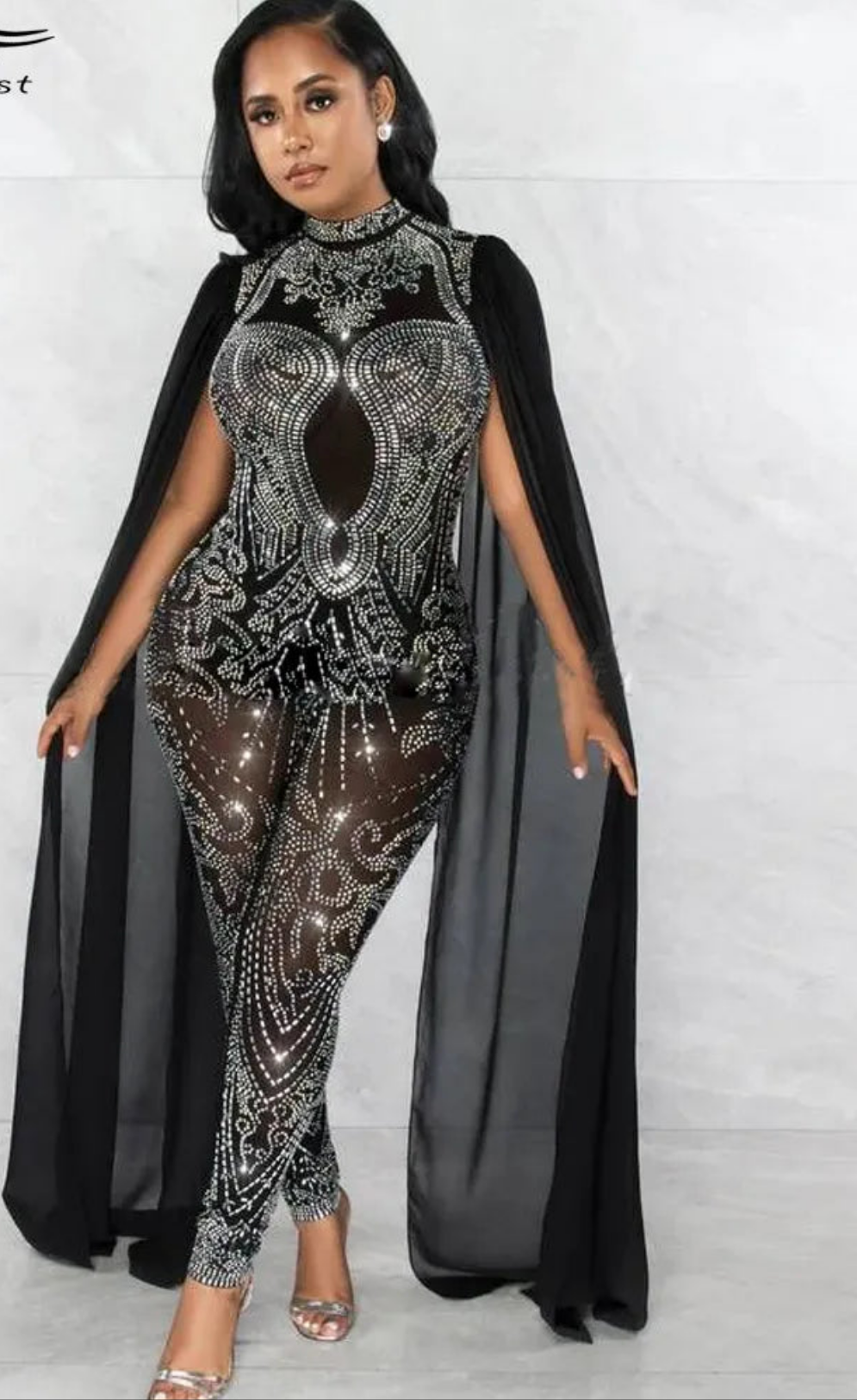Crystal Mesh Glitter Rhinestone Long Sleeve Skinny Formal Party Jumpsuit