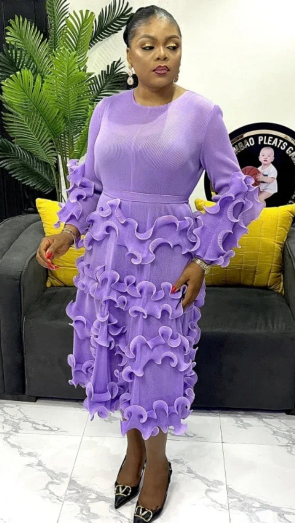 Ruffled Tiered Pleated Round Neck Long Sleeve Spliced Solid Color Formal Party Dress