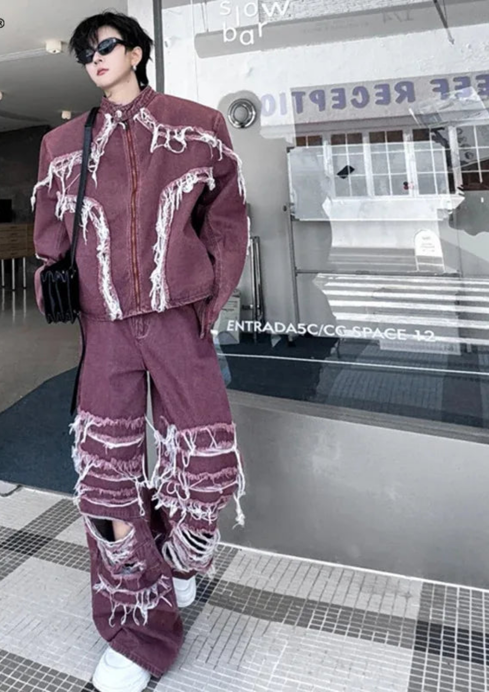 Men's Burgundy/Blue Denim Tassel Fringe Burr Design Jean Jacket + Ripped Hollow-Out Baggy Jeans 2-Piece Sets