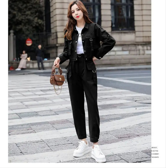 Streetwear Pocket Ribbon Strap Design Long Sleeve Women's Jacket + Cargo Pants 2-Piece Set