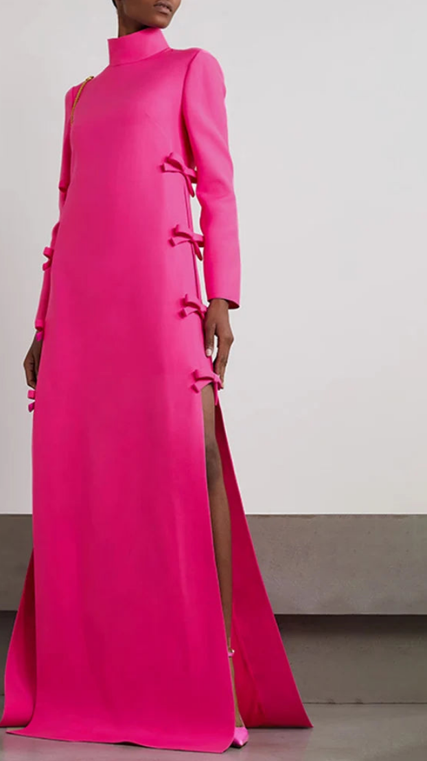 Vintage Bowknot Design Stand Collar Long Sleeve High Slit Sundress Solid Color Maxi Dress to 3X Plus Size